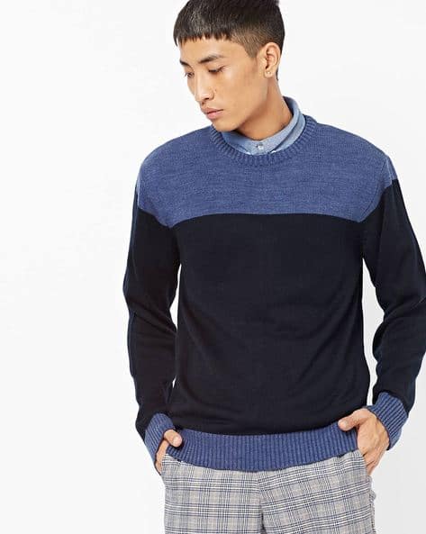 Colourblock Crew-Neck Pullover By AJIO ( Blue ) - 460186329013