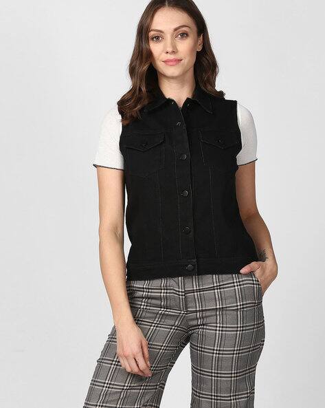 black sleeveless denim jacket womens