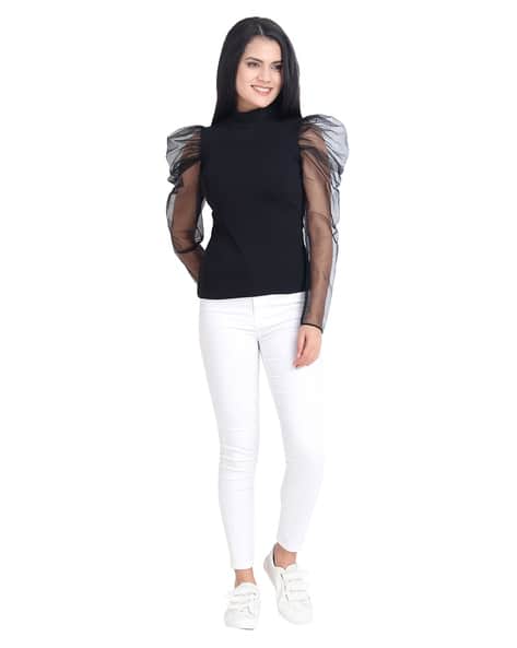 Slim Fit Top with Sheer Sleeves (Image - 1)