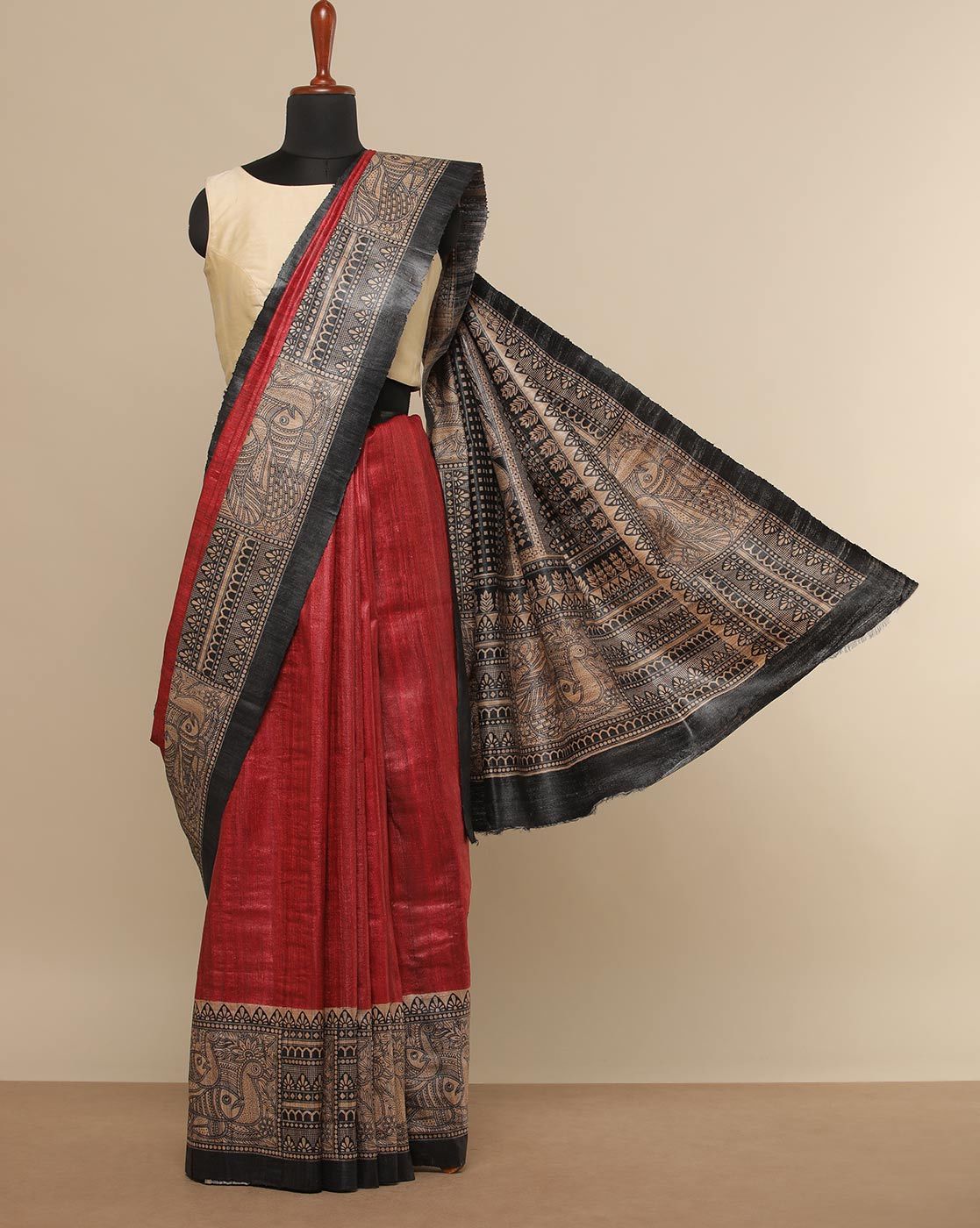 https://www.ajio.com/indie-picks-bagru-handblock-print-pure-tussar-silk- saree/p/460041469_pink | Saree, Tussar silk saree, Half saree