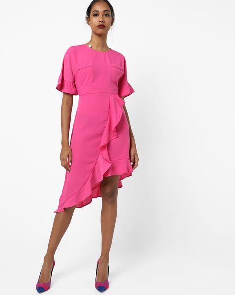 ruffle detail asymmetric dress in magenta Women's Gothic Lace Embroidered V-Neck Asymmetric Slip Dress – Punk Design main image 1