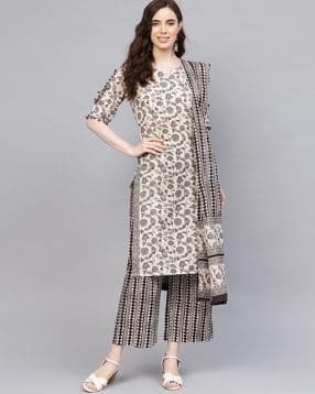 Floral Print Kurta with Palazzo & Dupatta Set-image-1