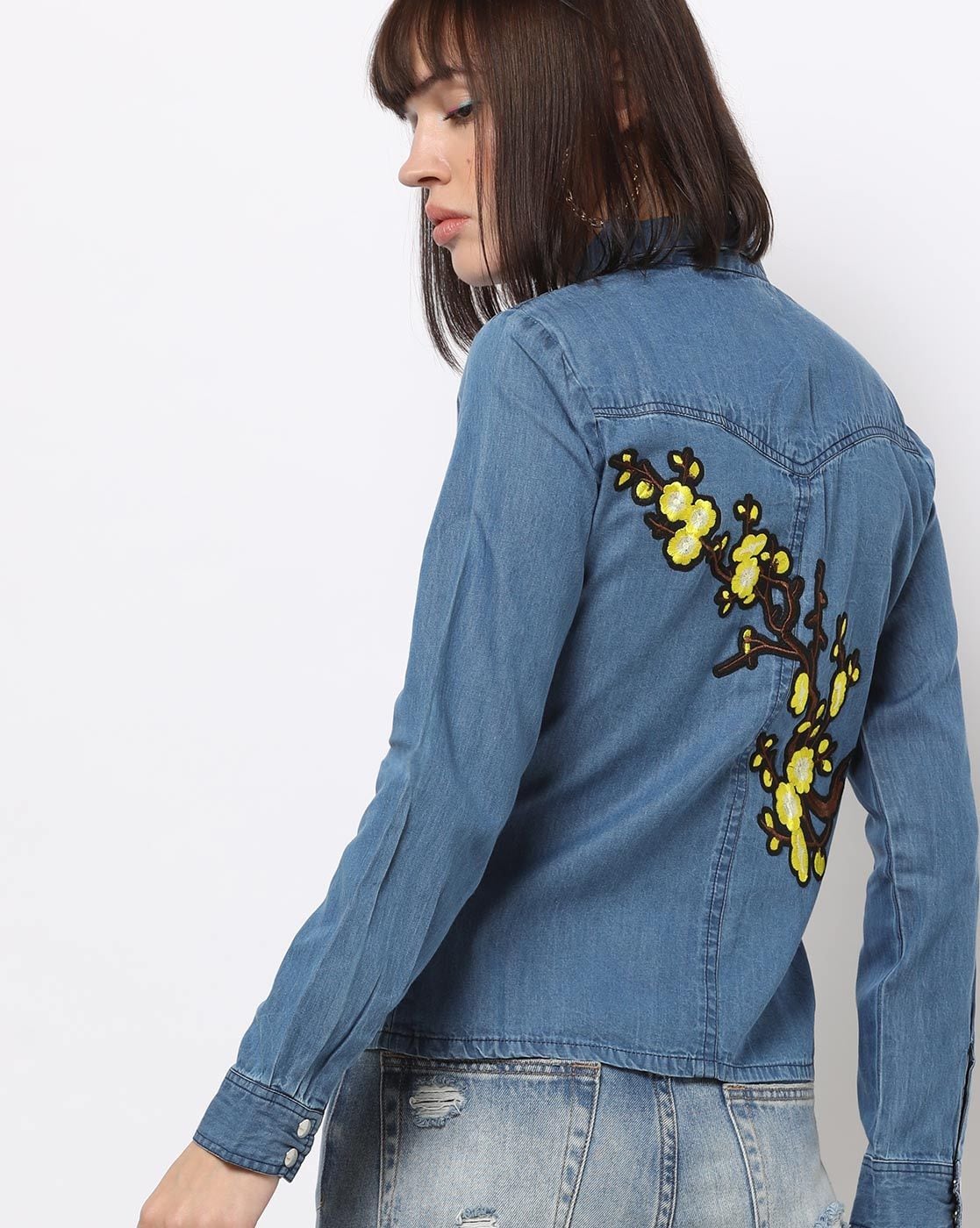Buy 9 Impression Women Blue Embroidered Denim Collared Shirt Style Top (XS)  at Amazon.in