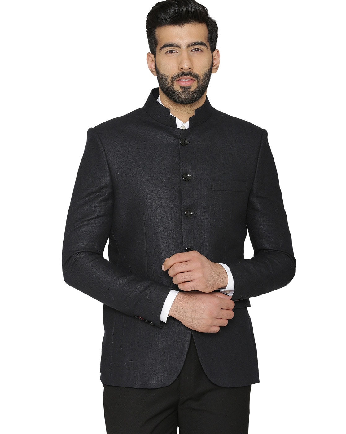 Buy Black WINTAGE Solid Single-Breasted Blazer with Mandarin Collar | AJIO