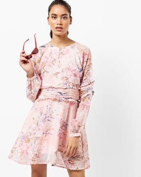 Floral Print A-line Dress with Raglan Sleeves