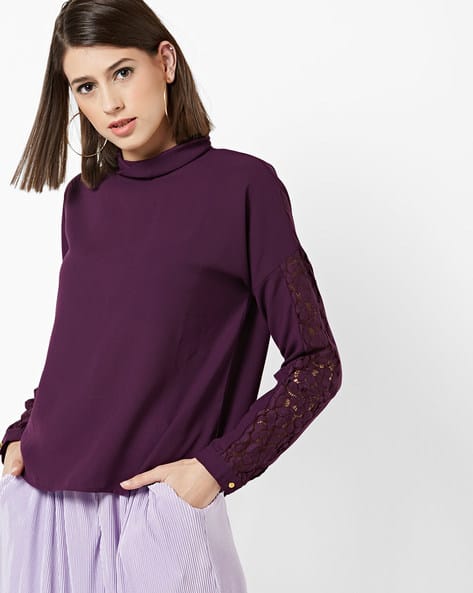 Ajio Purple Turtle Neck Jumper Ajio Purple High Neck Sweater Ajio Lavender Sweater For Women Best Offers  On Women Winter Wear