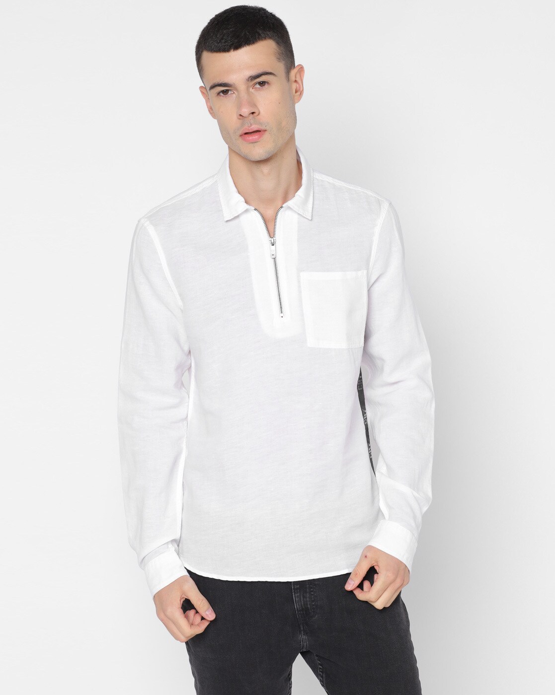 Zip-Front Shirt with Patch Pocket