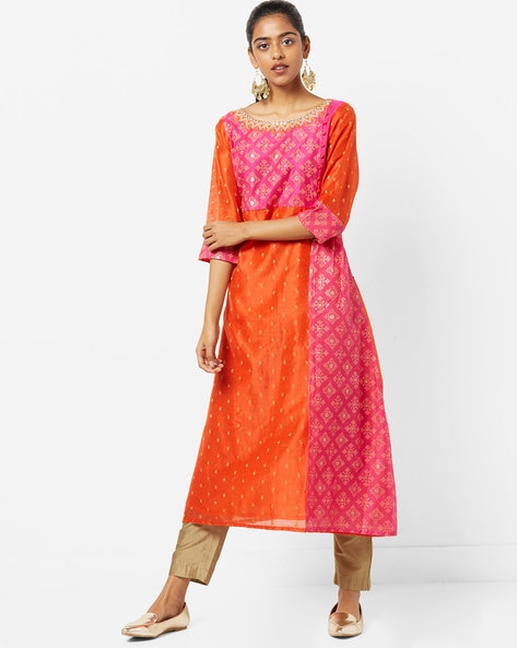 Red ATHAAA COTTON KAFTAN KURTI WITH BELT AND WORK AND MATCHING PANTS - Gaaba