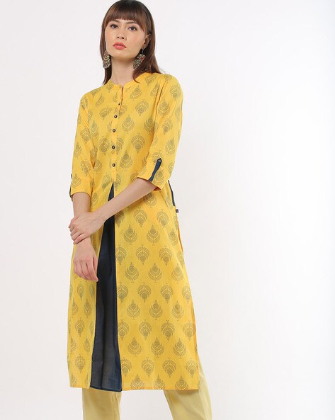 Printed A-line Kurta with Mandarin Collar