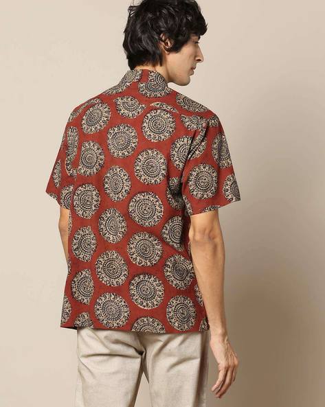 Black - Kalamkari Block Printed Cotton Men Half Sleeve Shirt