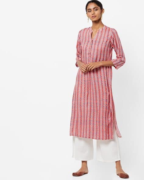 Printed Straight Kurta With Mandarin Collar By Global Desi ( Coral )