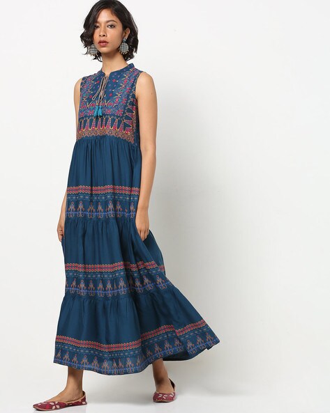 Printed Tiered Dress with Embroidery