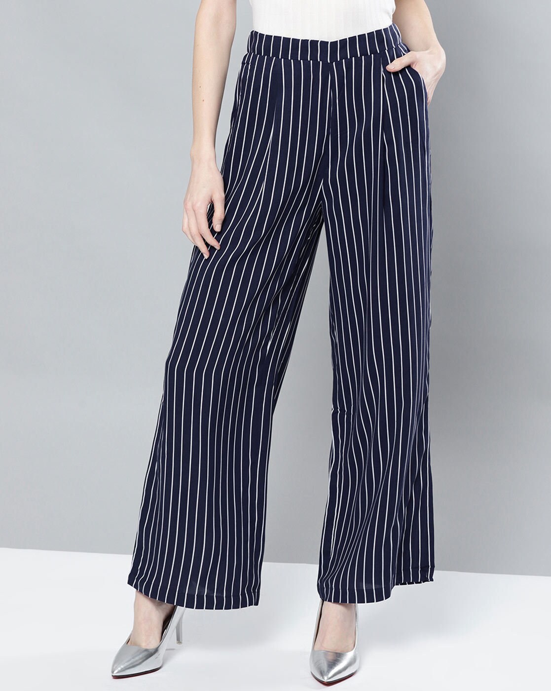 navy and white striped palazzo pants