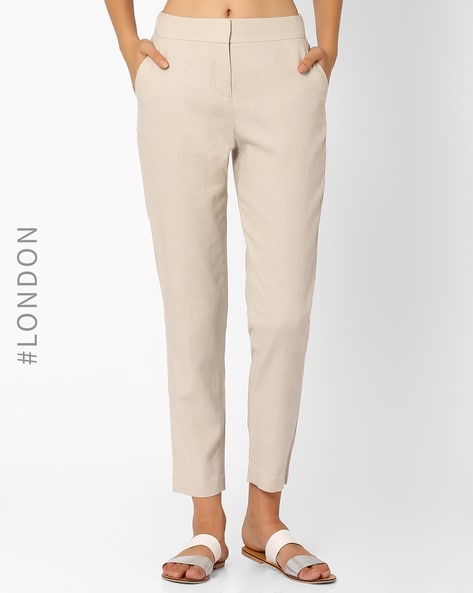 Linen Blend Cropped Pleated Pants in Chalk - TAILORED ATHLETE - USA