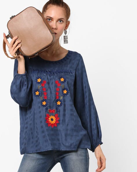 Panelled Woven Top With Floral Embroidery By AJIO ( Navy )
