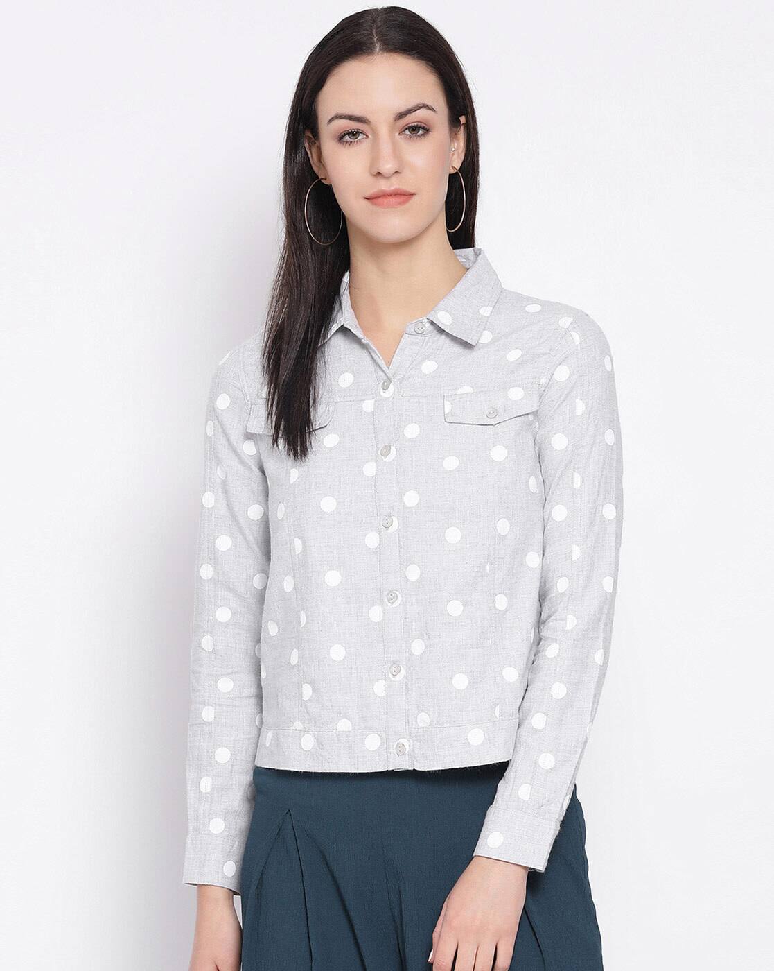 grey polka dot blouse