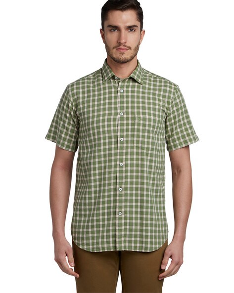 Buy Colorplus Men Green Classic Fit Checks Cotton Half Sleeve Shirts, Colorplus Shirt online