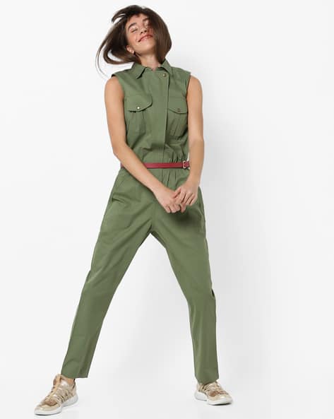 Sleeveless Jumpsuit With Concealed Button Placket By AJIO ( Olive )