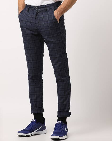 mens checked tapered trousers