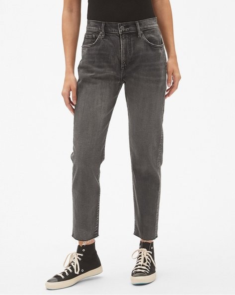 High Rise Washed Jeans with Raw Hem