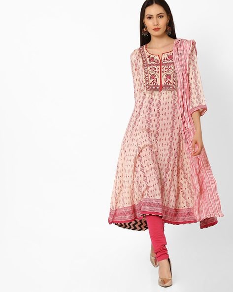 Buy Off White Red Printed Cotton Anarkali Kurta with Churidar