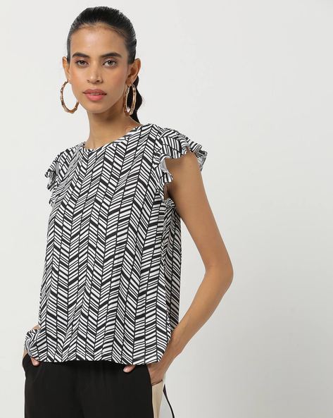 Printed Top with Flutter Sleeves