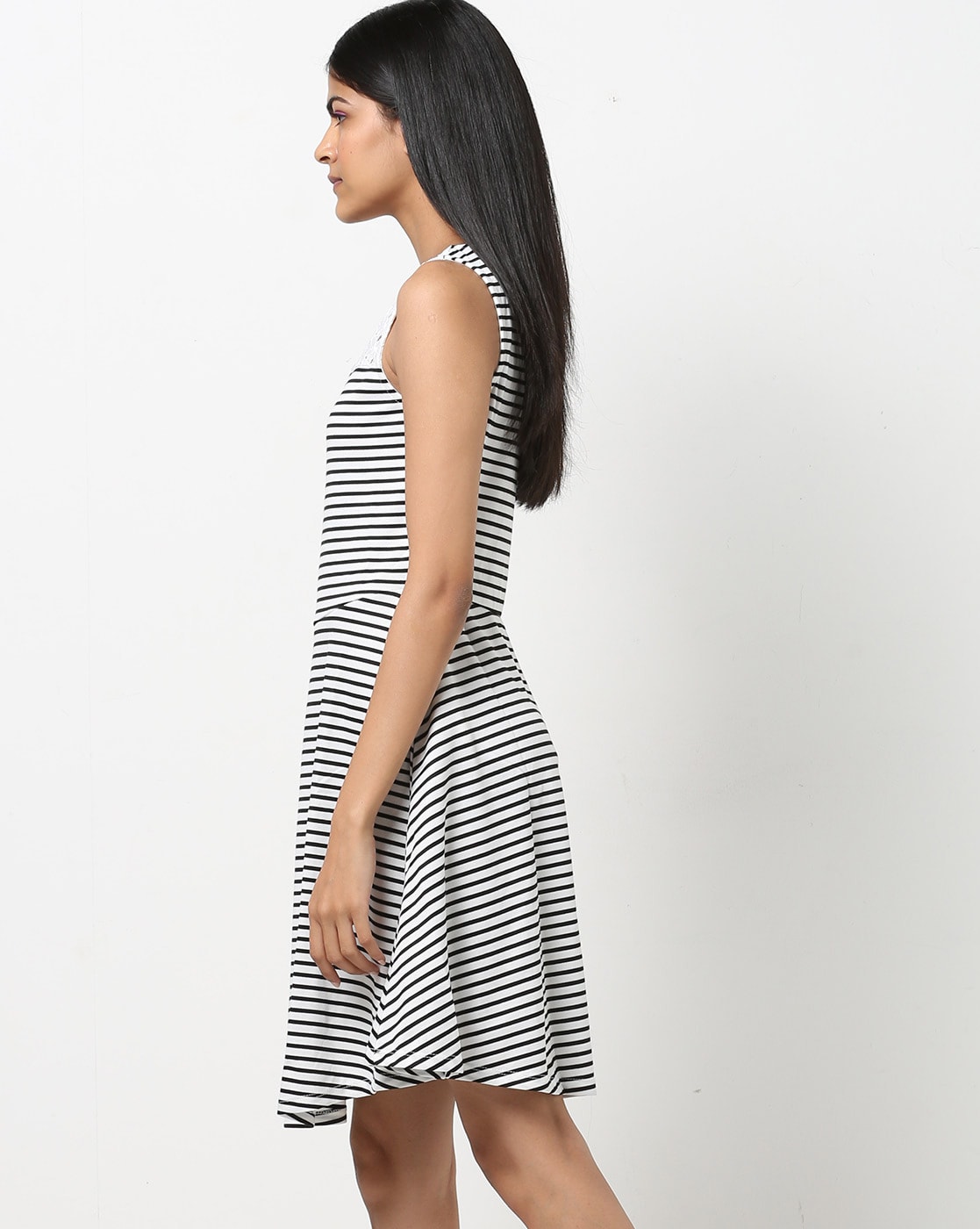 sleeveless black and white striped dress