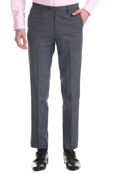 Buy WES Formals Navy Self-Patterned Slim Fit Trousers from Westside