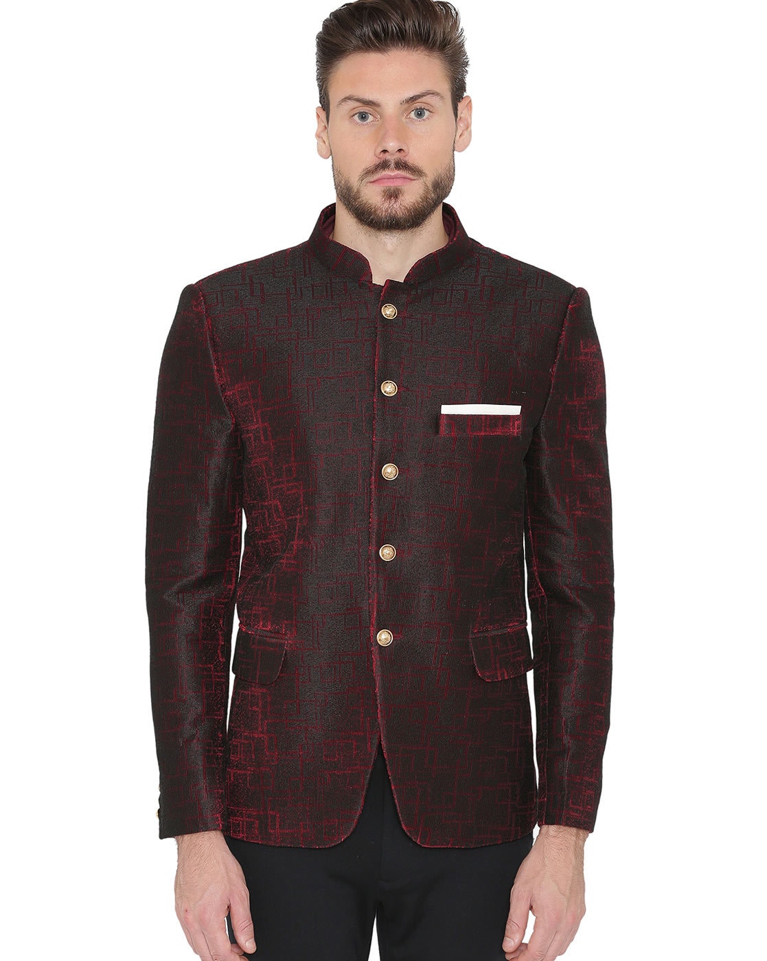 Buy Maroon WINTAGE Textured Single-Breasted Blazer with Mandarin Collar ...