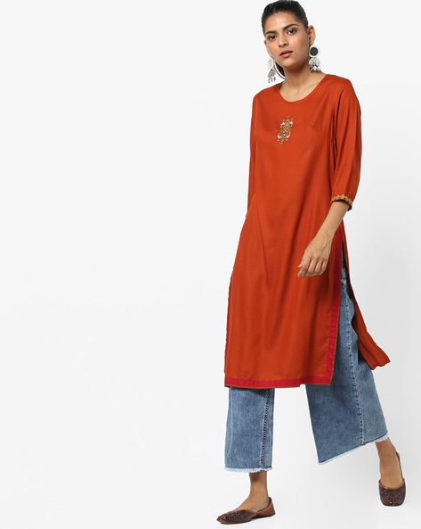 Plus Size Georgette Embroidery Kurti In Rust Colour - KR2711062