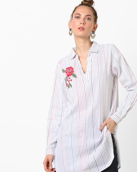 Striped Tunic With Floral Embroidery By Rena Love ( White )