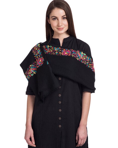 Floral Embroidered Shawl with Frayed Hem Price in India