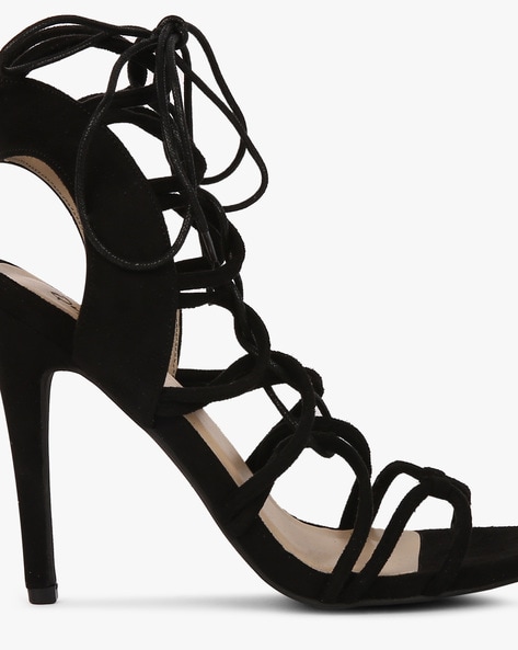 Women's Black Stiletto Heels Caged Sandals|FSJshoes