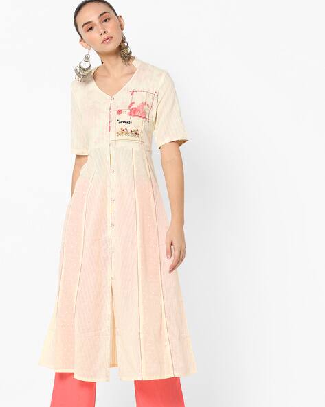 Kalidaar Button-Down Kurta With Embroidery By AJIO ( Offwhite )