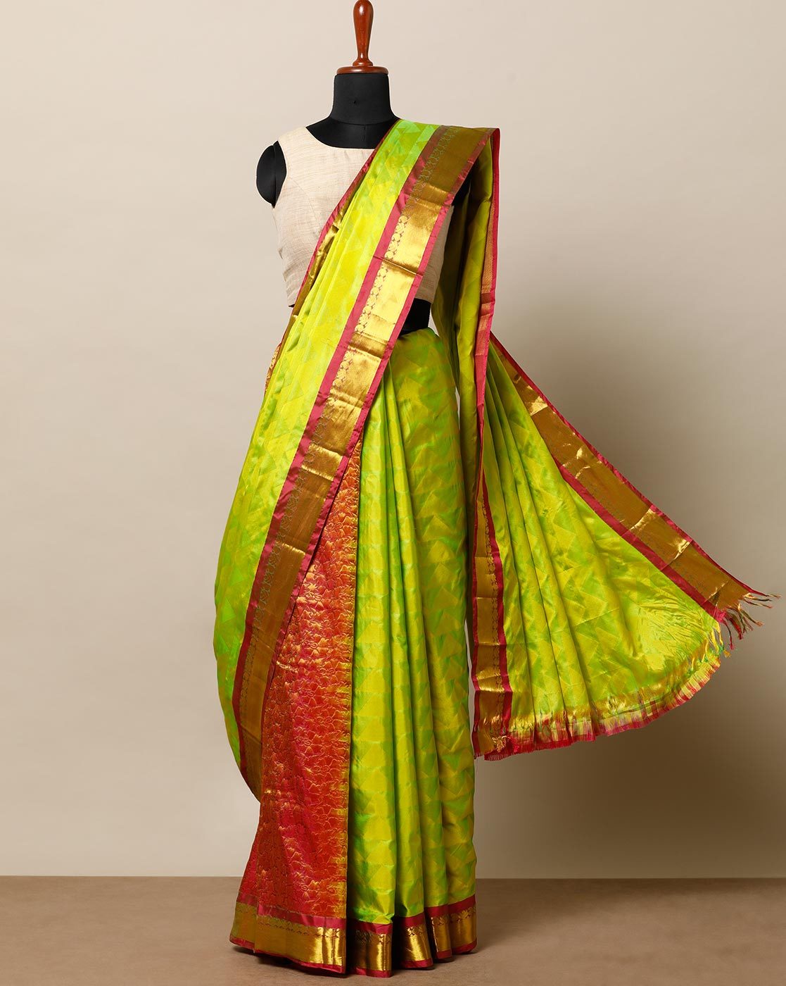 Buy Green Saree With Contrast Border In Brocade Silk And Unstitched Blouse