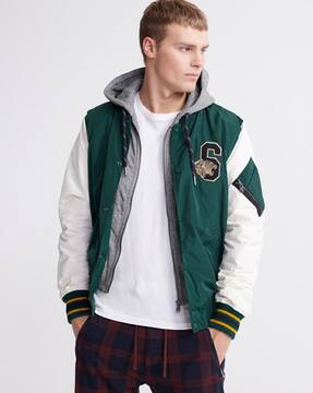hooded varsity bomber jacket