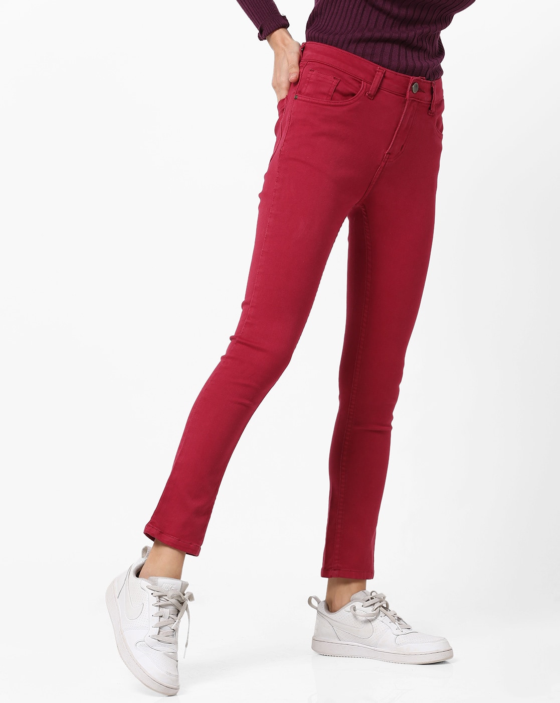 red denim pants