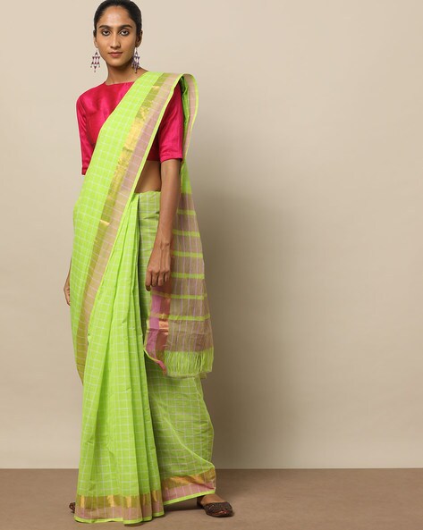 Indie Picks Parrot Green Traditional South Cotton Kamal Saree with Zari Border