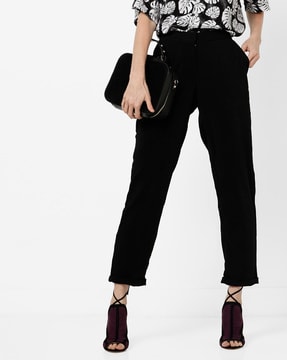Slim Fit Plain Park Avenue Black Formal Trousers For Women