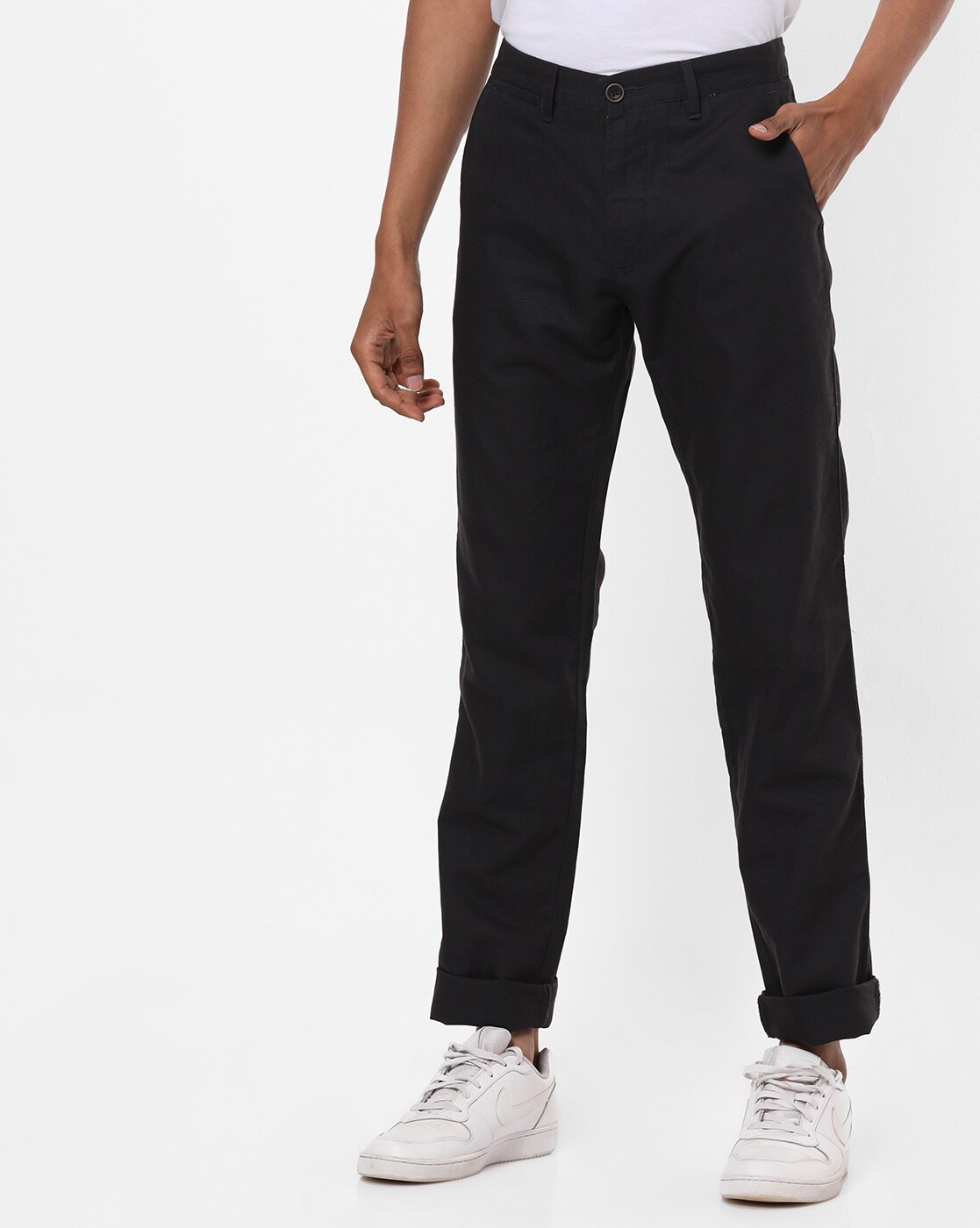 Peter England Casual Trousers  Buy Peter England Men Black Carrot Fit  Casual Trousers Online  Nykaa Fashion