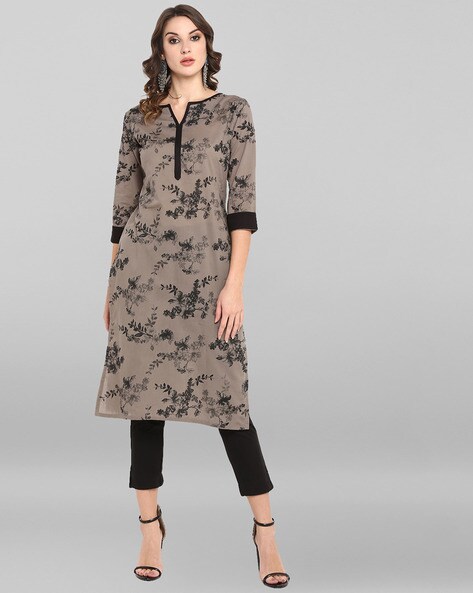Floral Print Straight Kurta with Contrast Hems
