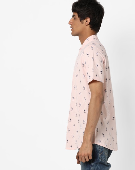 Flamingo Print Shirt with Mandarin Collar