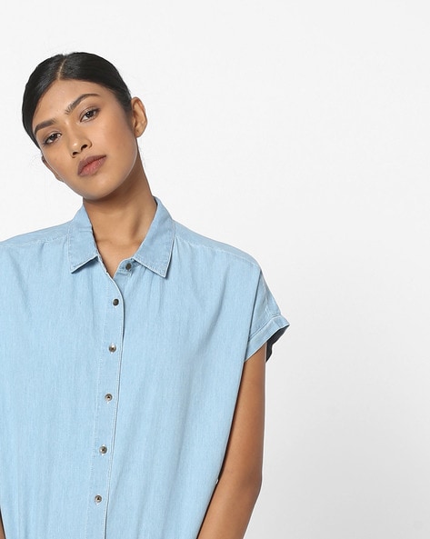 Allegra K Women's Collared Short Sleeves Flap Pocket Button Denim Shirt :  Target