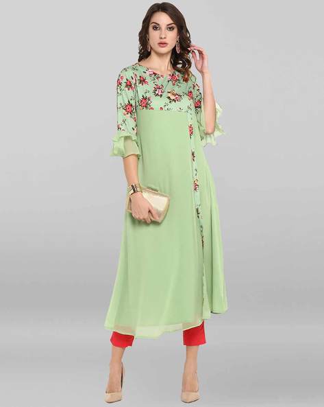 Floral Print A-line Kurta with Ruffled Hems