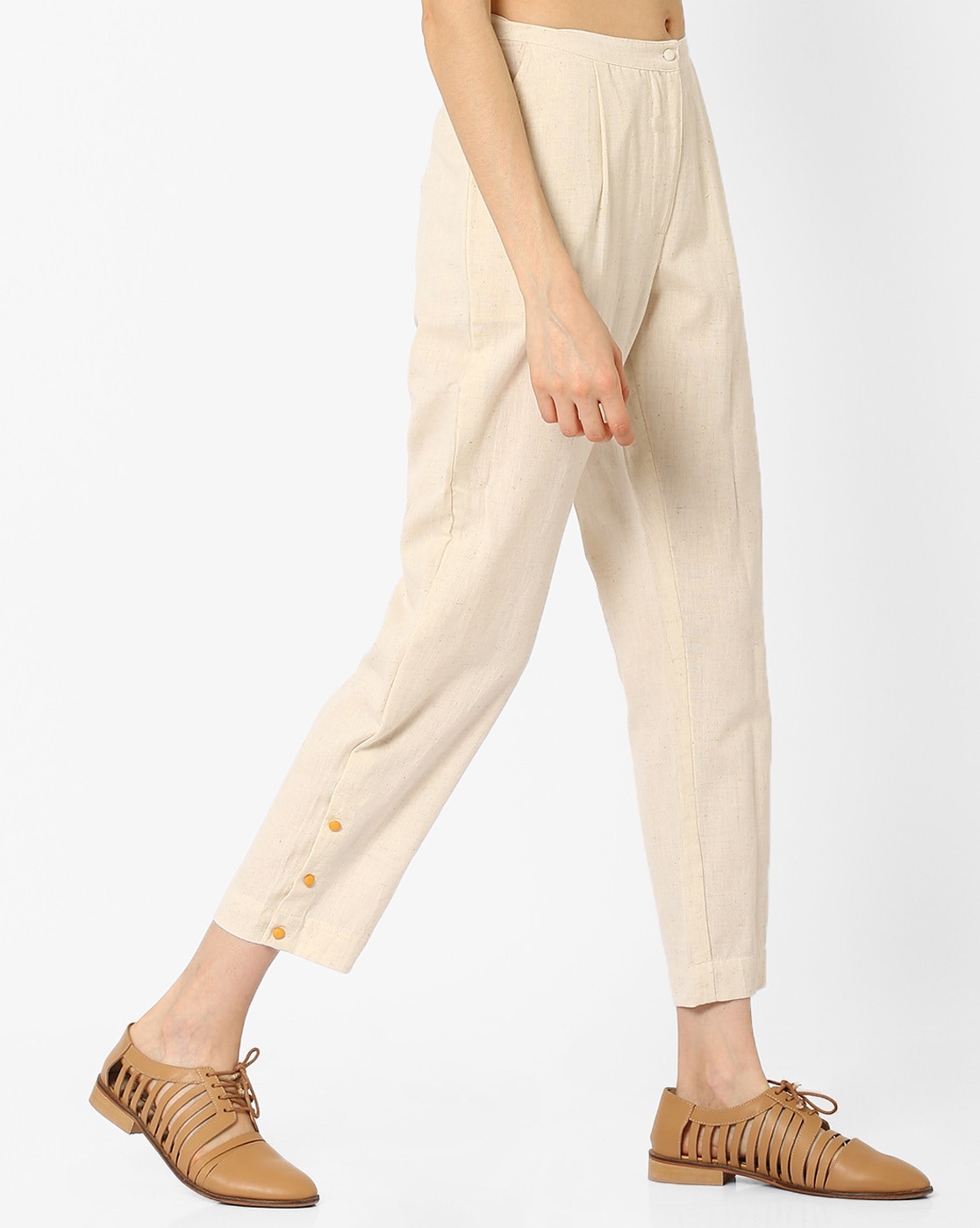 Buy OffWhite Cotton Solid Cigarette Pants Online in India