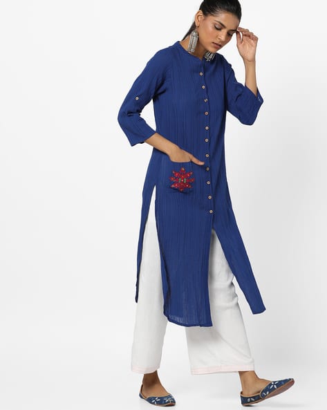 Crinkled Straight Tunic With Patch Pocket By Global Desi ( Teal )