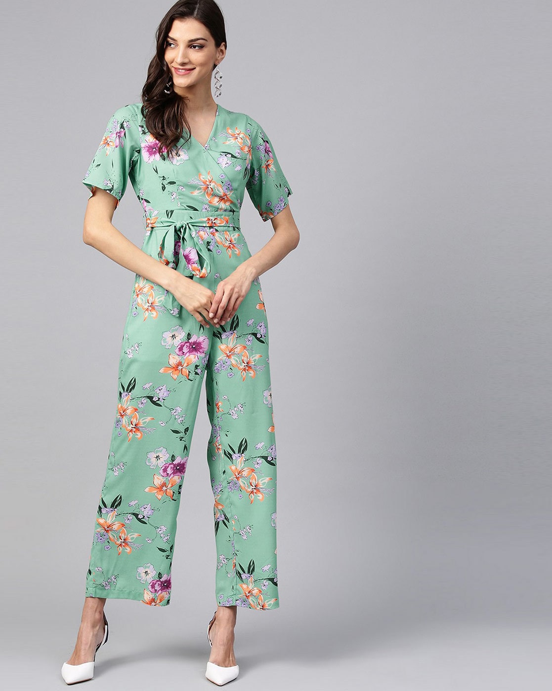 Zaya Flower Print Wide Leg Flowy Jumpsuit - Green - $33