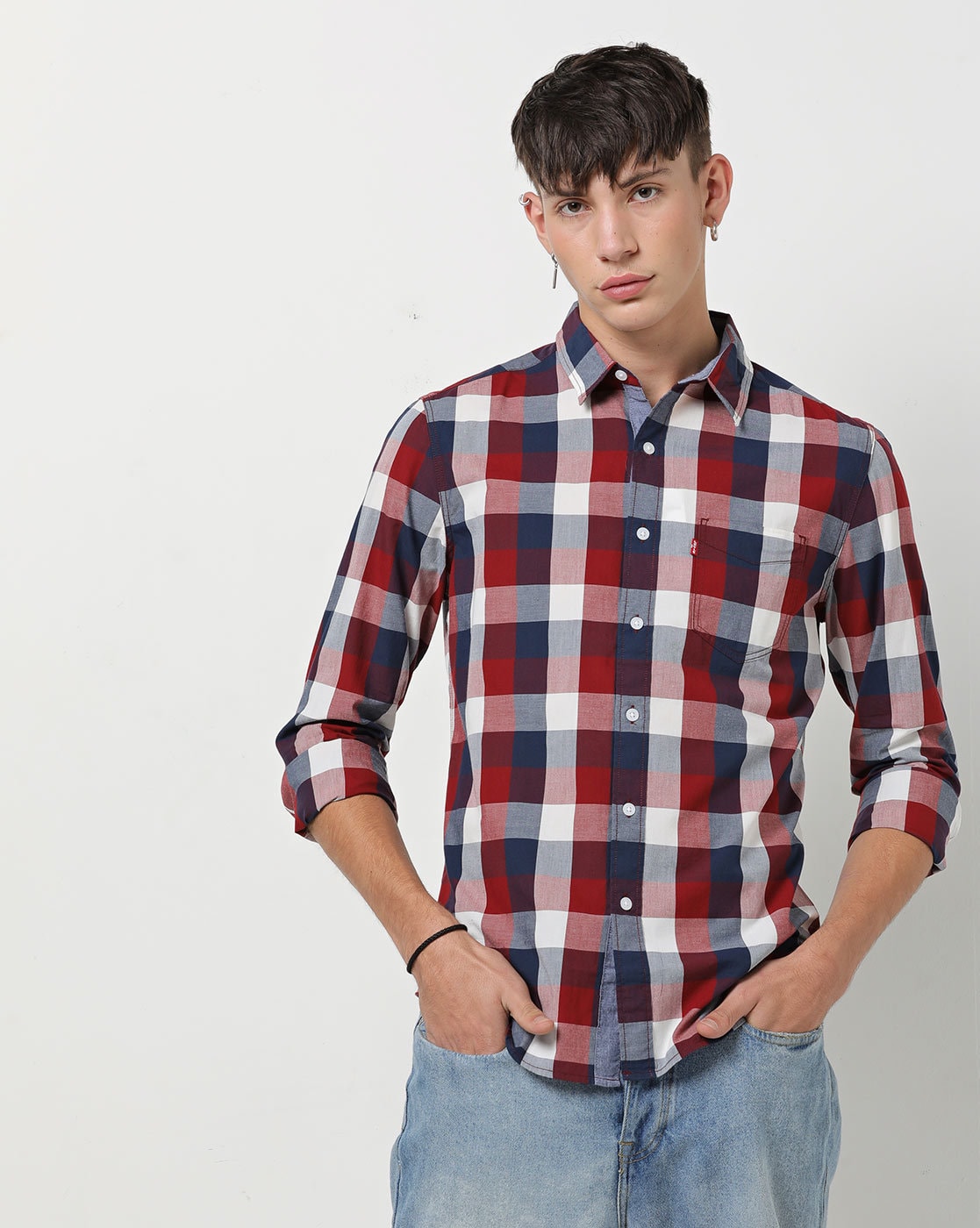 navy red check shirt