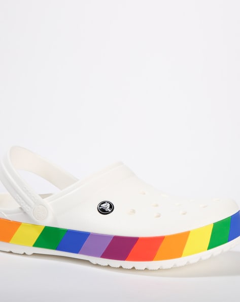 White crocs sale with rainbow words