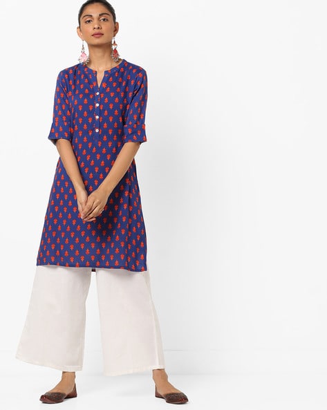 Block Print Straight Tunic With Button Placket By Global Desi ( Blue )